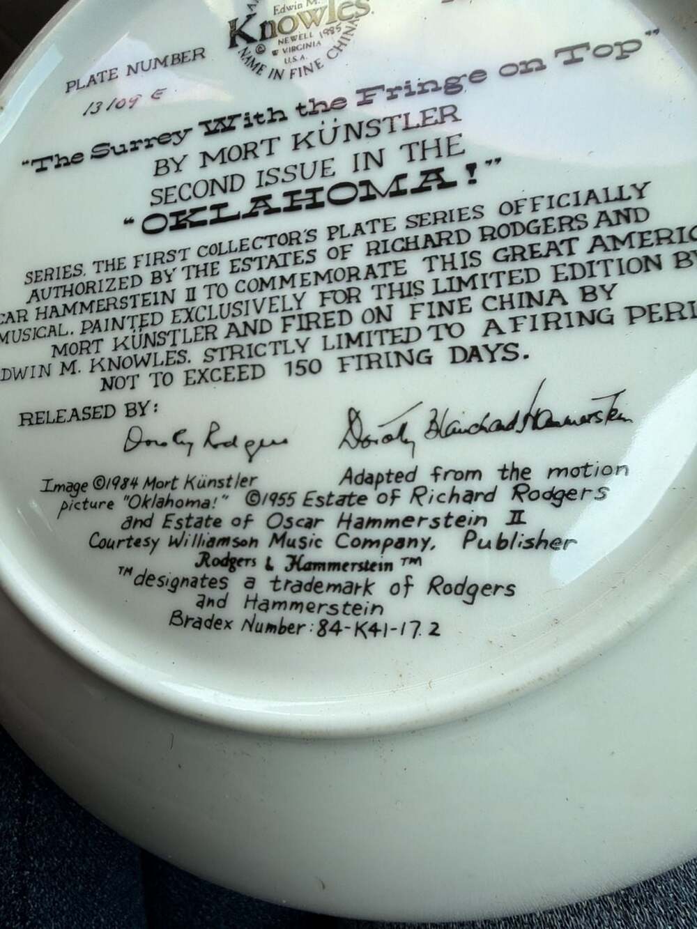 Edwin M. Knowles The Surrey With the Fringe on Top Collector's Plate, Oklahoma S